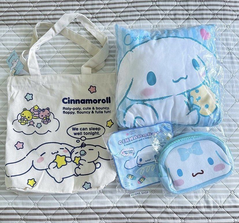 CINNAMOROLL 2024 LUCKY BAG SET (Category: Tote Bags) located in Pasig City. Submitted by reigneshop (Listing ID 1316998258, Image 1). Description: includes tote bag pillow pouch towel.