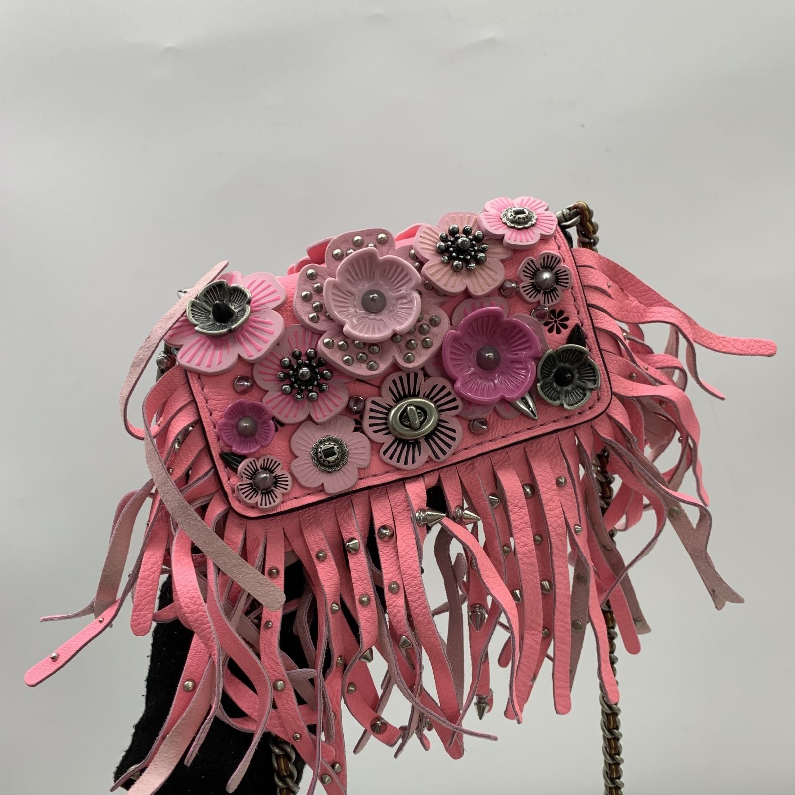 COACH 86850 PINK DINKIER WITH WILD TEA ROSE FRINGE SHOULDER BAG 