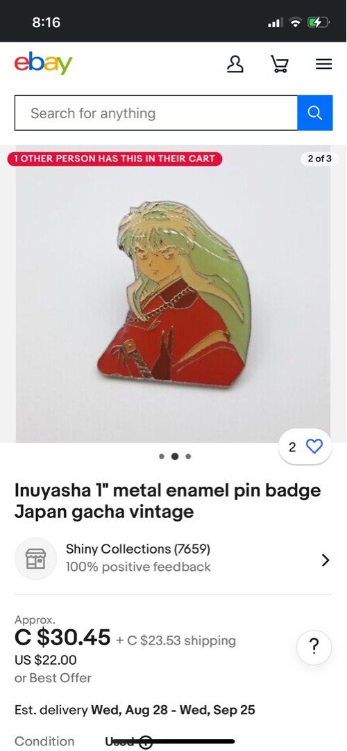 Inuyasha pin (Category: Vintage Collectibles) located in Quezon City. Submitted by brainsells (Listing ID 1316946796, Image 2). Description: Inuyasha pin for sale 500 php Shipping via Lalamove, Flash express MOPs: Gcash or BPI charm keychain anik anik anime bracelet accessory brand new used secondhand japan surplus clothing vintage retro modern fan merch pop culture exclusive limited uncommon rare gatcha gacha .
