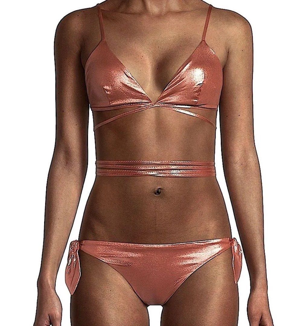 Moschino metallic rose gold pink bikini swimwear pole wear dance polewear poledance sexy tie up small medium Carousell