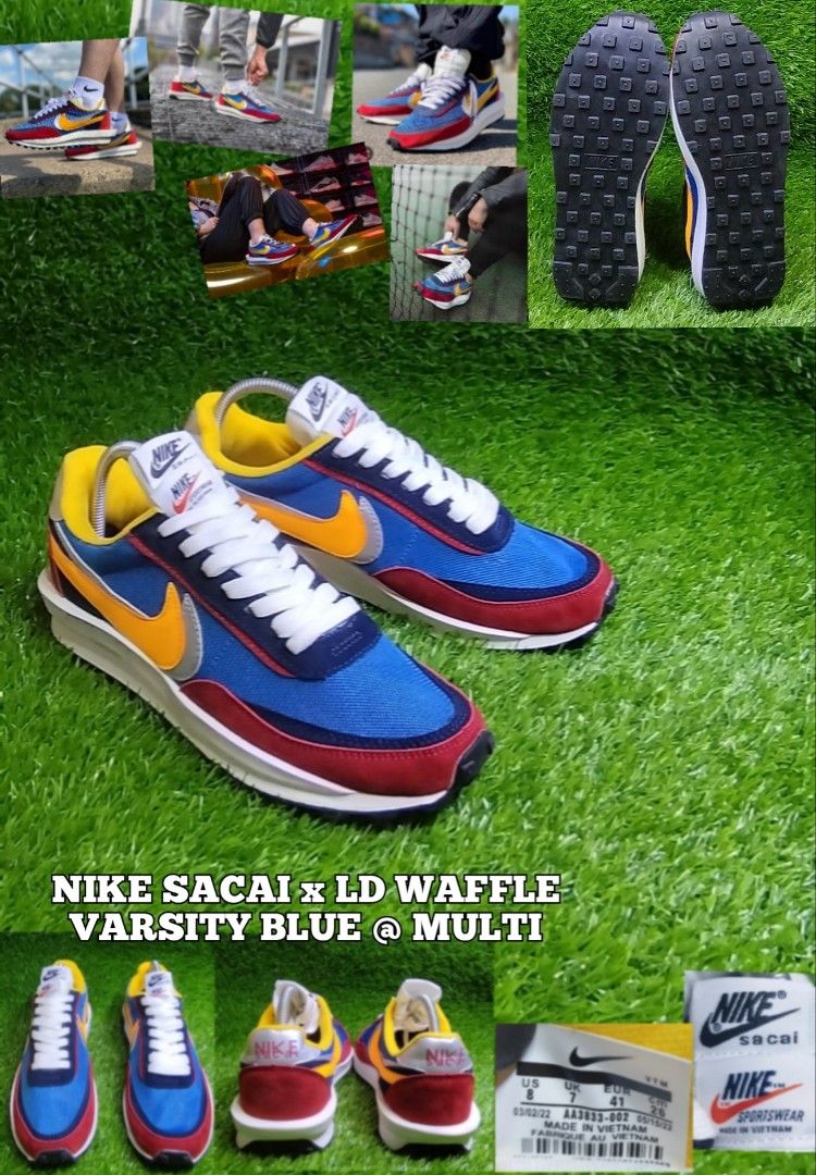 nike sacai waffle blue multi on feet