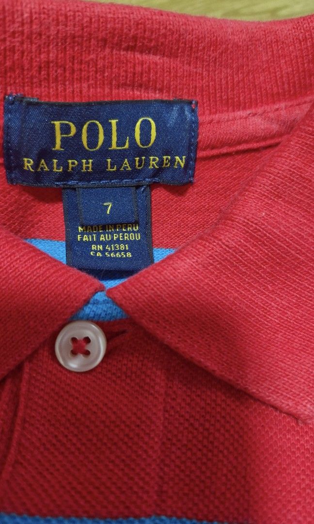 Ralph Lauren Polo Shirt (Category: Babies & Kids Fashion) located in Paranaque City. Submitted by modarkm (Listing ID 1316895287, Image 2). Description: Authentic Ralph Lauren Polo Shirt Size 7 Bought in US. Washed with care.