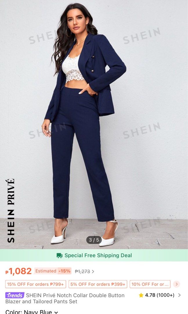 Shein Navy blue vest set business (Category: Sets or Coordinates) located in Taguig. Submitted by noacf1975 (Listing ID 1316865221, Image 3). Description: Used 2 times inly! Good first corporate wear :) Can fit xs-s.