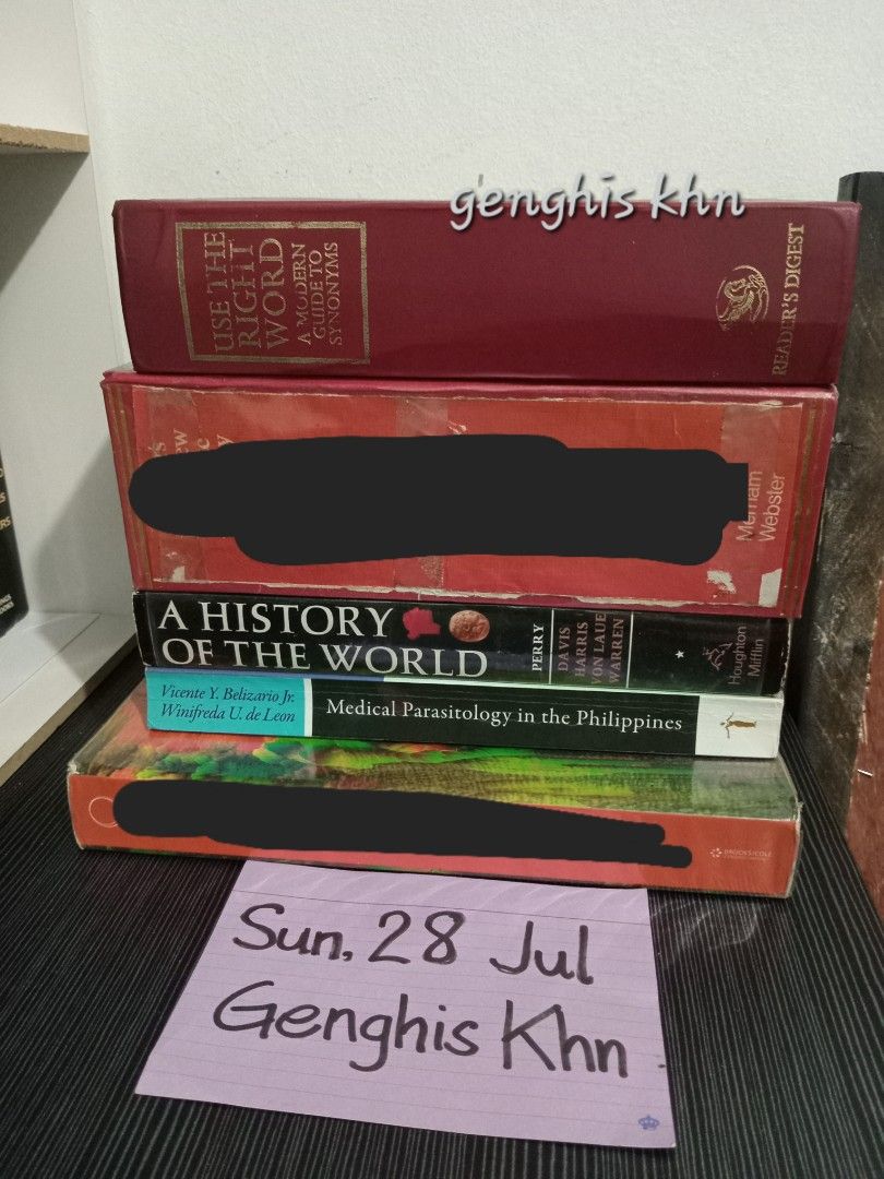 Textbooks (Educational books) (Category: Textbooks) located in Marikina City. Submitted by xastro.boyx (Listing ID 1316950495, Image 1). Description: textbooks/educational books for sale!! conditions are good and very good use the right word [a modern guide to synonyms] — 800 a history of the world — 500 medical parasitology in the philippines — 500 english and american literature — 200 the greatest generation — 150 philosophy of the human person