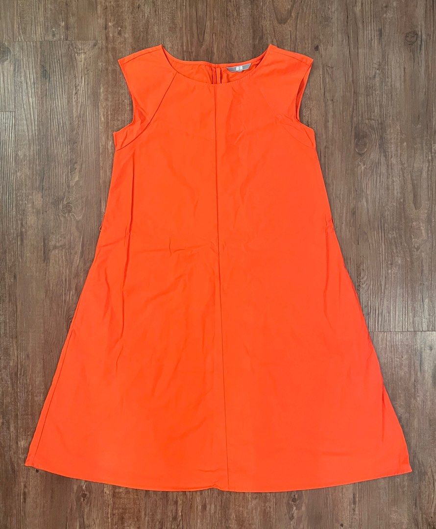 orange dress uniqlo Uniqlo Red Orange Dress Ponte Flare Cap Sleeve Womens Small Round Neck Stretch