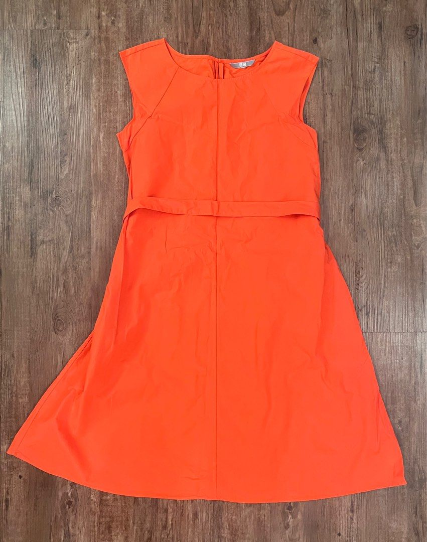 uniqlo dress orange Women's Linen Blend Sleeveless Shirring Dress