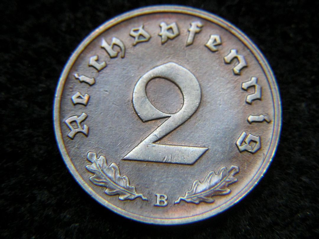德國銅幣-1939年納粹德意志帝國大鷹國徽2帝國分寧銅幣(希特拉執政時期,B標記), 興趣及遊戲, 收藏品及紀念品, 錢幣- Carousell