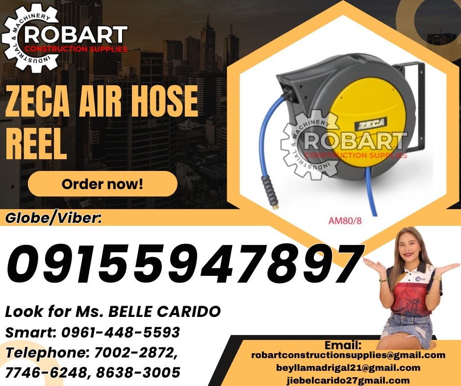 Air Hose Reel (Category: Construction Tools & Equipment) located in Manila. Submitted by bellarobart (Listing ID 1317014610, Image 1). Description: Air Hose Reel Brand: ZECA Model: AM80/8 Size: 9+1mt x 8mm x 1/4npt 𝑹𝑶𝑩𝑨𝑹𝑻 𝑪𝑶𝑵𝑺𝑻𝑹𝑼𝑪𝑻𝑰𝑶𝑵 𝑺𝑼𝑷𝑷𝑳𝑰𝑬𝑺 Office Address: 1405 Yuseco St. Sta Cruz Manila SEND US MESSAGE FOR INQUIRIES ‼️ ‼️ Glb/Vibr: 0915-594-7897 Smrt: 0961-448-5593 Landline: (7746-6248 / 7002-2872) 𝓛𝓞𝓞𝓚 𝓕𝓞𝓡 𝓑