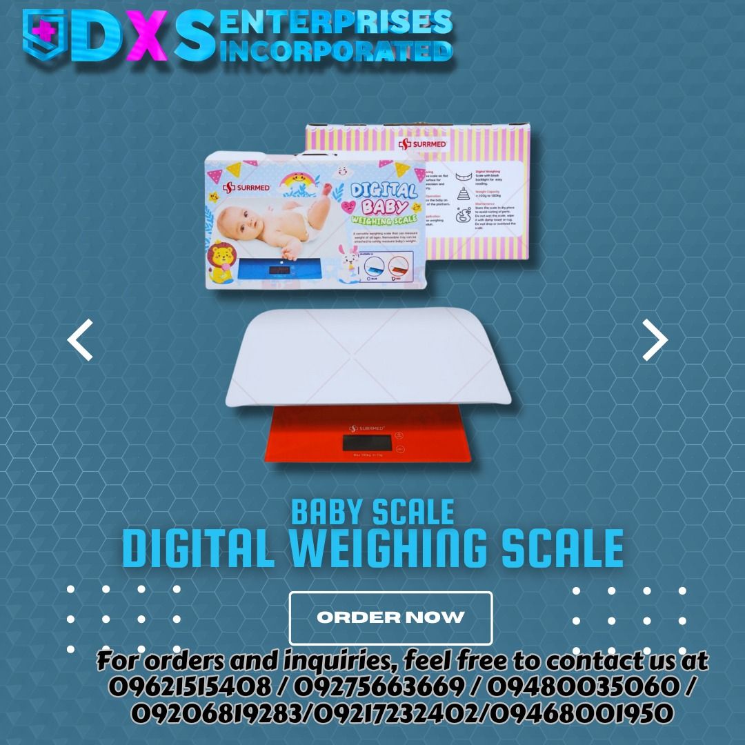 BABY SCALE DIGITAL WEIGHING SCALE (Category: Health Monitors & Weighing Scales) located in Quezon City. Submitted by marketings84097 (Listing ID 1317010352, Image 1). Description: Brand: Surrmed Weight Capacity: 200g- 180kg Product Size: 53x27x5cm Glass size: 300x300x5mm Product Net Weight:2kg Power:3V2xCR2032 Low battery (LO) and overload indication (Err) Boot up weight:5kg Unit: KG/LB Features: Big LCD Screen Automatically turns on and off Scal