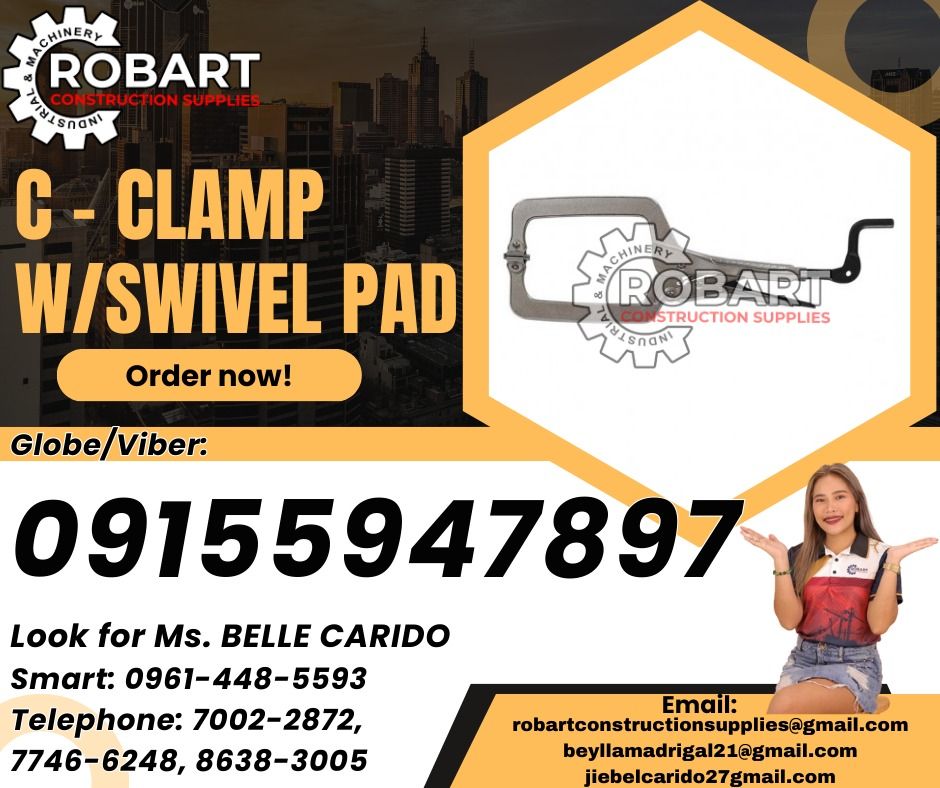 C-Clamp W/ Swivel Pad (Category: Construction Tools & Equipment) located in Manila. Submitted by bellarobart (Listing ID 1317022593, Image 1). Description: C-Clamp W/ Swivel Pad Brand: Stong Grip Size: 8" Model: PSB80 𝑹𝑶𝑩𝑨𝑹𝑻 𝑪𝑶𝑵𝑺𝑻𝑹𝑼𝑪𝑻𝑰𝑶𝑵 𝑺𝑼𝑷𝑷𝑳𝑰𝑬𝑺 Office Address: 1405 Yuseco St. Sta Cruz Manila SEND US MESSAGE FOR INQUIRIES ‼️ ‼️ Glb/Vibr: 0915-594-7897 Smrt: 0961-448-5593 Landline: (7746-6248 / 7002-2872) 𝓛𝓞𝓞𝓚 𝓕𝓞𝓡