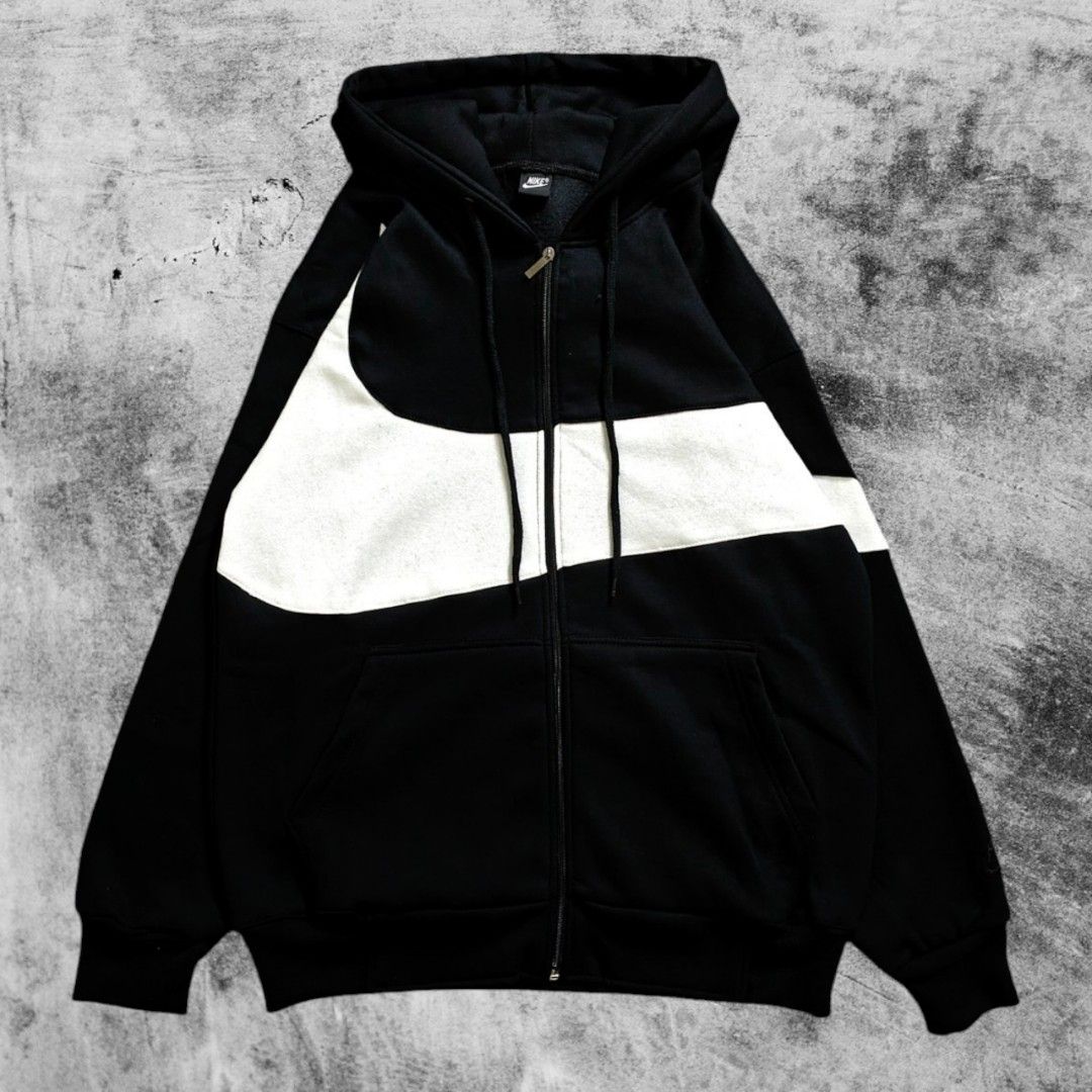 Hoodie Zipper Nike Big Swoosh Hitam, Fesyen Pria, Pakaian Baju