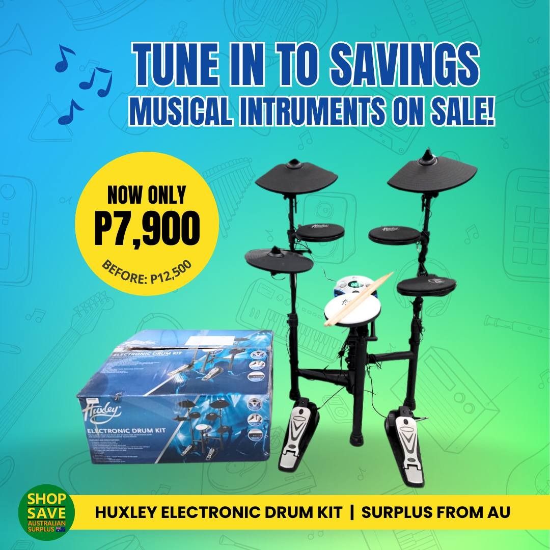 SALEEE!!! Huxley Electronic Drum Kit Set (Category: Musical Instruments) located in Muntinlupa City. Submitted by aussie.surplustore (Listing ID 1317071909, Image 1). Description: SALEEE!!! Huxley Electronic Drum Kit Set NOW: 7,900 Before: 12,500 Surplus from Australia We are available online and thru our physical store located at: 👉MUNTINLUPA For more info direct message or call me: ➡️Salestaff: JANINE ➡️Number: 0948 098 5387.