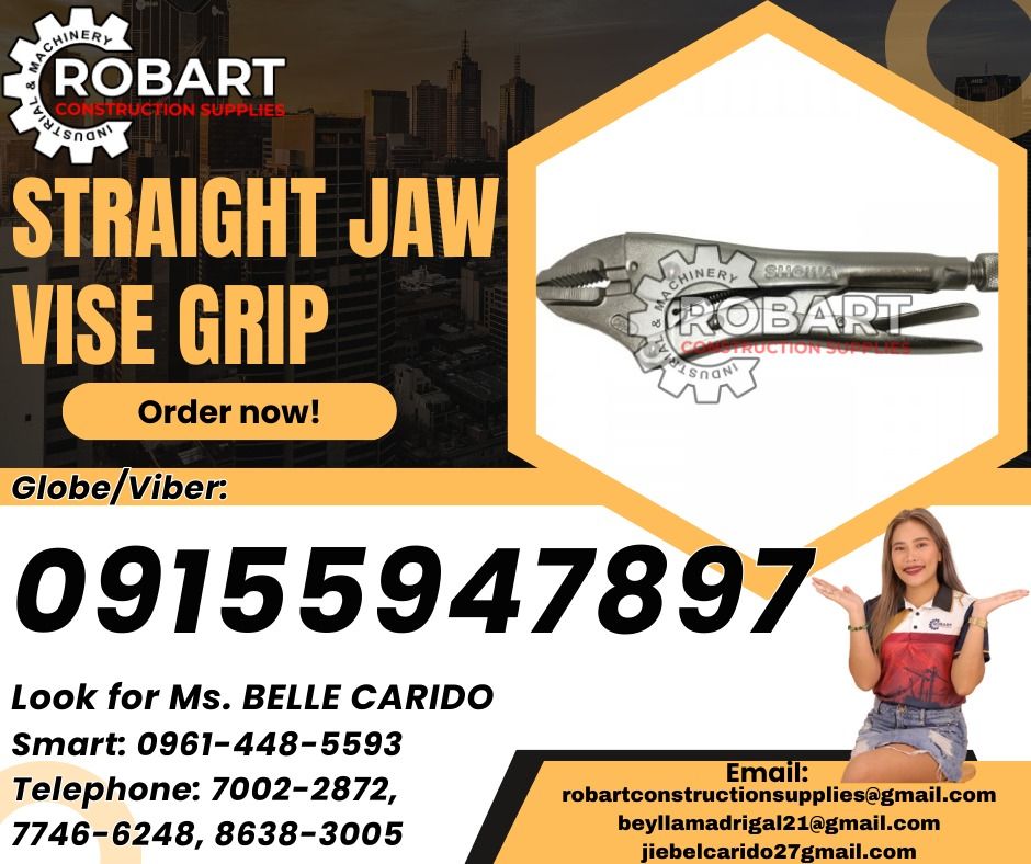 Straight Jaw Vise Grip (Category: Construction Tools & Equipment) located in Manila. Submitted by bellarobart (Listing ID 1317017991, Image 1). Description: Straight Jaw Vise Grip Brand: Showa Model: S10 Size: 10" 𝑹𝑶𝑩𝑨𝑹𝑻 𝑪𝑶𝑵𝑺𝑻𝑹𝑼𝑪𝑻𝑰𝑶𝑵 𝑺𝑼𝑷𝑷𝑳𝑰𝑬𝑺 Office Address: 1405 Yuseco St. Sta Cruz Manila SEND US MESSAGE FOR INQUIRIES ‼️ ‼️ Glb/Vibr: 0915-594-7897 Smrt: 0961-448-5593 Landline: (7746-6248 / 7002-2872) 𝓛𝓞𝓞𝓚 𝓕𝓞𝓡 𝓑�