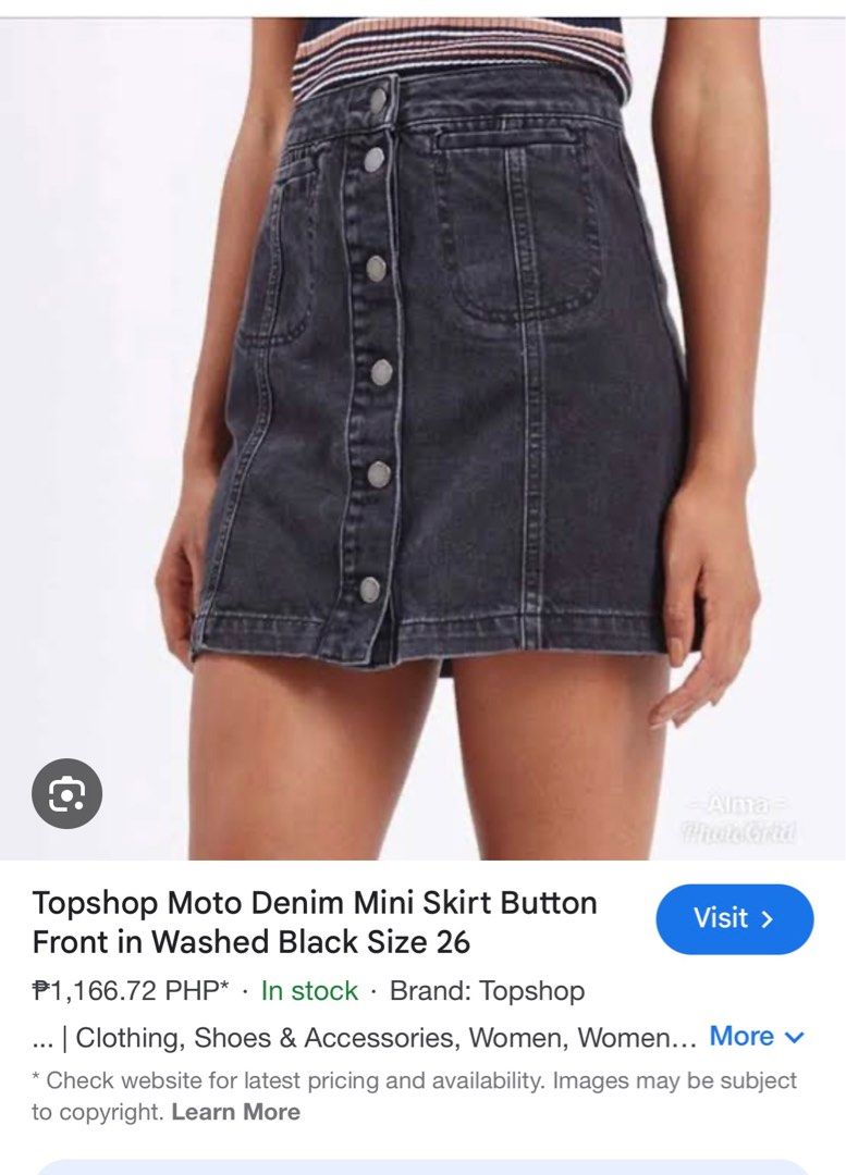 TOPSHOP MOTO Denim Skirt Button Front (Category: Skirts) located in Pasig City. Submitted by nclsmx (Listing ID 1317063732, Image 3). Description: Brand: TOPSHOP Bought for 1.4k before at Topshop Powerplant Mall Rockwell Price nego! Size: 26 waist Length: 15.25cm Color: Washed Black Material: Denim .