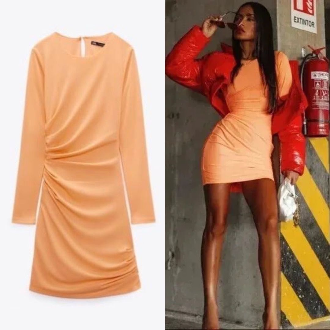 Zara Peach Orange Draped Bodycon Mini Dress NWOT, Women's Fashion, Dresses  & Sets, Dresses on Carousell