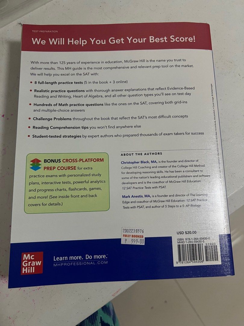 2023 SAT McGraw Hill (Fullybooked) (Category: Textbooks) located in Manila. Submitted by the_tidy_nook (Listing ID 1312127448, Image 2). Description: Hello! This SAT reviewer is helpful for CETs :) Rfs: Not using it anymore Details: -Never been written -Still looks brand new -No Flaws Payment Method: The payment method is ONLY GCASH. Mode of Delivery: Lalamove and J&T. Seller Location: I am near SM Fairview. Note: The shipping fee is shouldered b