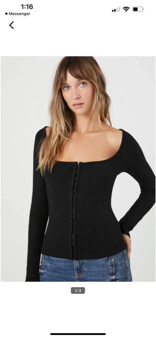 Black Corset Long-Sleeve Hook-and-Eye Top (Category: Longsleeves) located in Batangas. Submitted by wornbykai (Listing ID 1312138447, Image 1). Description: Super soft material and not mainit Used once lang for grad pic :) Got this for 1k !! Rfs: di ko type for my body type.