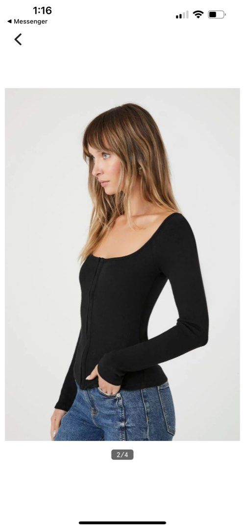 Black Corset Long-Sleeve Hook-and-Eye Top (Category: Longsleeves) located in Batangas. Submitted by wornbykai (Listing ID 1312138447, Image 2). Description: Super soft material and not mainit Used once lang for grad pic :) Got this for 1k !! Rfs: di ko type for my body type.