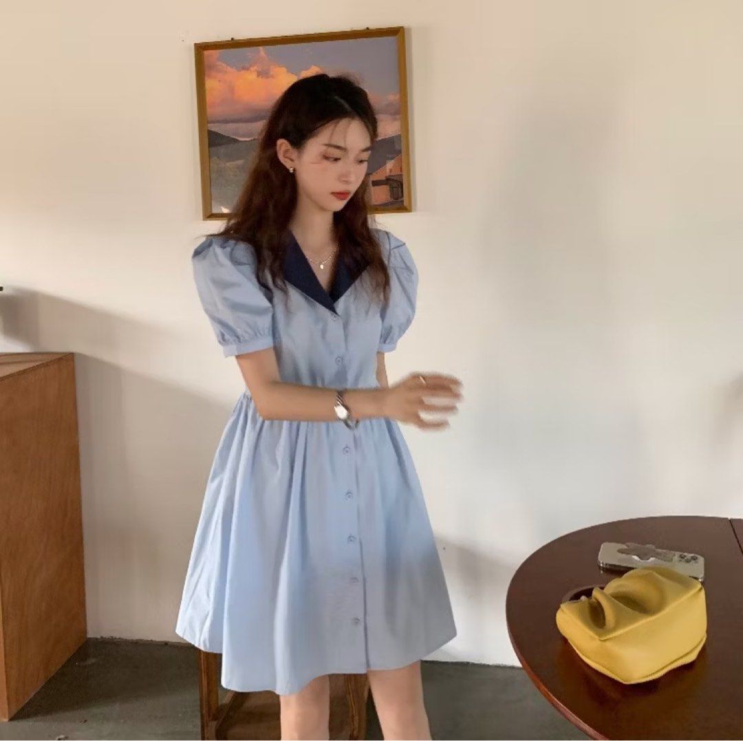 Blue Korean Dress - size M, Fesyen Wanita, Pakaian Wanita, Gaun & Rok di  Carousell