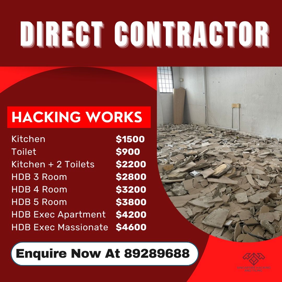 Hacking/Demolish/Dismantling Services/Toilet Renovation/Kitchen Hacking/BTO/Condo/HDB/Private Housing/Residential/Commercial/Tiling/Full Home Renovation Package62863076244867112