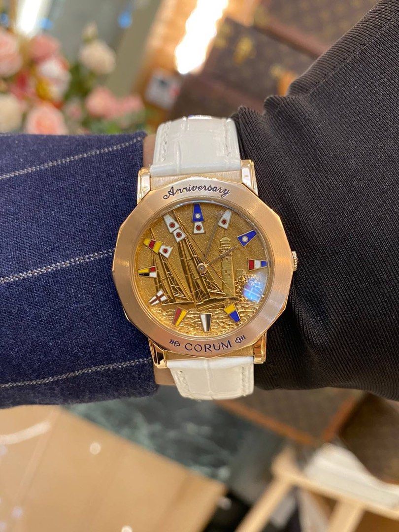 LIKE NEW CORUM ADMIRAL S CUP 18K PINK GOLD 3D SAILBOAT GOLD DIAL WRIST WATCH