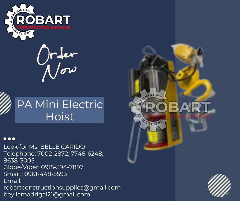 PA Mini Electric Hoist (Category: Construction Tools & Equipment) located in Manila. Submitted by bellarobart (Listing ID 1312111999, Image 1). Description: PA Mini Electric Hoist Single Phase 220 Volts 18 Meters Single Line/9 Meters Double Line w/ Pulley Capacity: 600Kg(Double Line) Size: 5mm 𝑹𝑶𝑩𝑨𝑹𝑻 𝑪𝑶𝑵𝑺𝑻𝑹𝑼𝑪𝑻𝑰𝑶𝑵 𝑺𝑼𝑷𝑷𝑳𝑰𝑬𝑺 #RobartConstructionSupplies #robartph #constructionmaterials #industrialsupply Office Address: 1405 