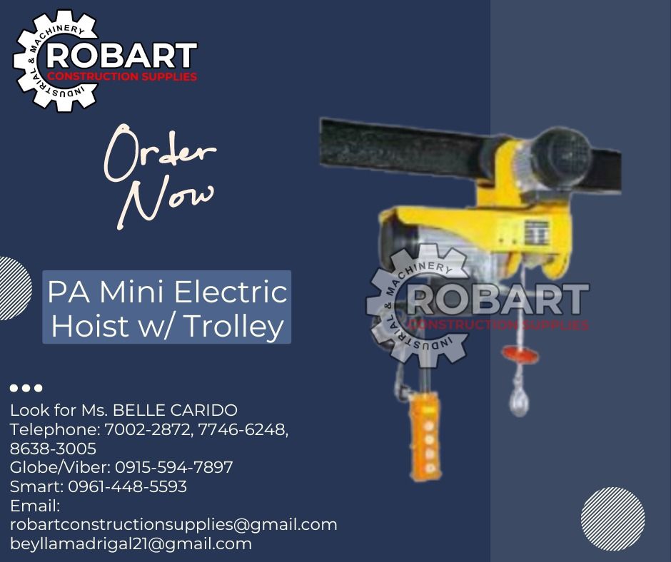 PA Mini Electric Hoist with Trolley (Category: Construction Tools & Equipment) located in Manila. Submitted by bellarobart (Listing ID 1312113726, Image 1). Description: PA Mini Electric Hoist with Trolley Single Phase 220 Volts 18 Meters Single Line Hoist Type: PA200 Capacity: 100Kg(Single Line) Lift Height: 18 meters 𝑹𝑶𝑩𝑨𝑹𝑻 𝑪𝑶𝑵𝑺𝑻𝑹𝑼𝑪𝑻𝑰𝑶𝑵 𝑺𝑼𝑷𝑷𝑳𝑰𝑬𝑺 #RobartConstructionSupplies #robartph #constructionmaterials #industrialsu