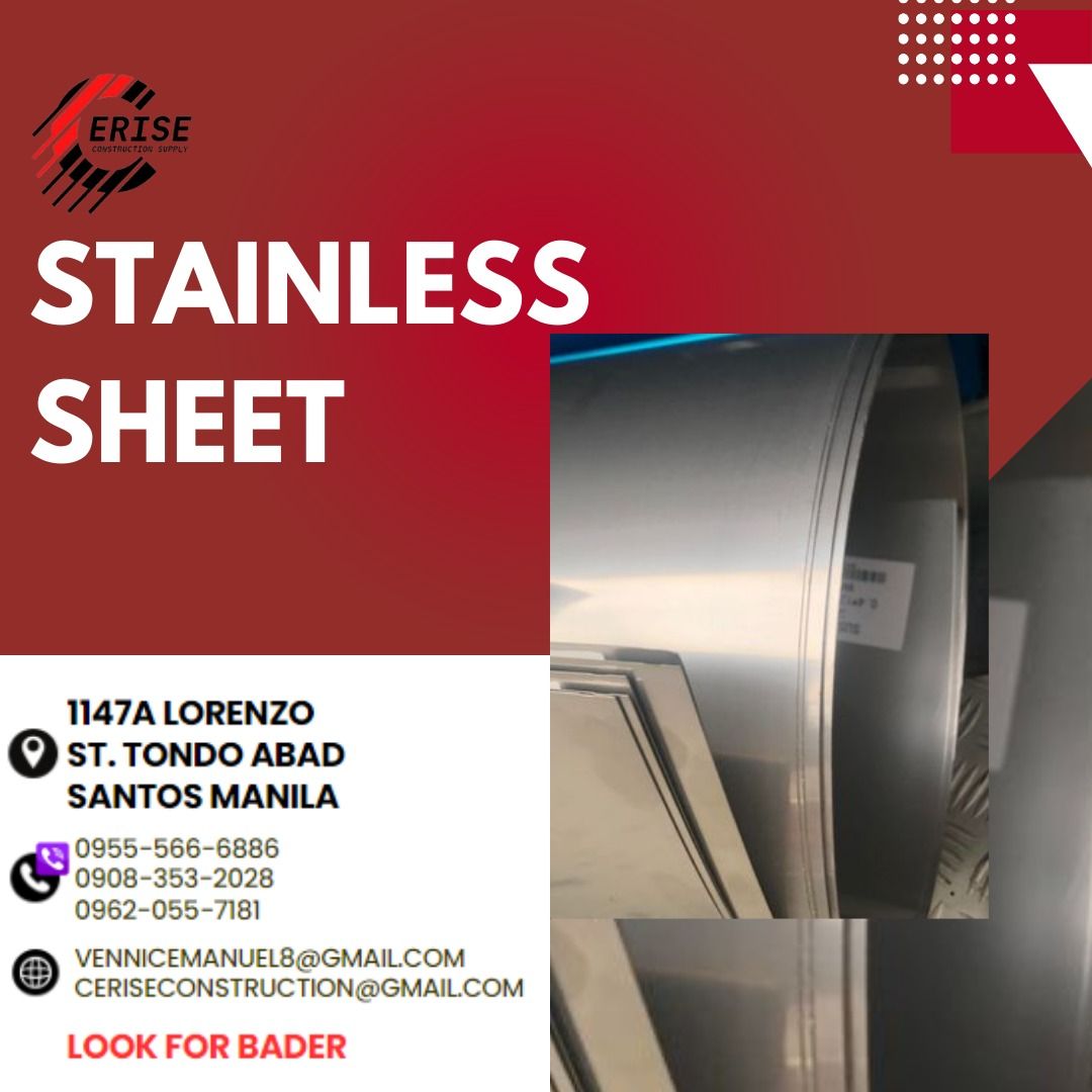 STAINLESS SHEET (Category: Construction & Building Materials) located in Manila. Submitted by vlmhardwarevennice (Listing ID 1312163565, Image 1). Description: CERISE CONSTRUCTION SUPPLY Look for vennice Office located at 1147ALORENZO ST ABAD SANTOS TONDO MNL satellite office at imus cavite.