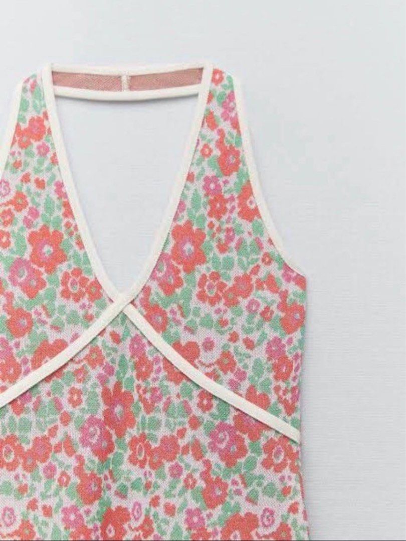 Zara Knit Halter Neck Dress Multicolored Pink Green Red Floral Mini Dress,  Women's Fashion, Dresses & Sets, Dresses on Carousell