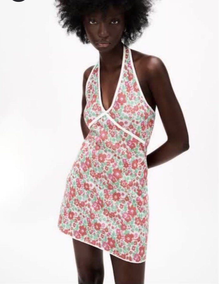 Zara Knit Halter Neck Dress Multicolored Pink Green Red Floral Mini Dress,  Women's Fashion, Dresses & Sets, Dresses on Carousell