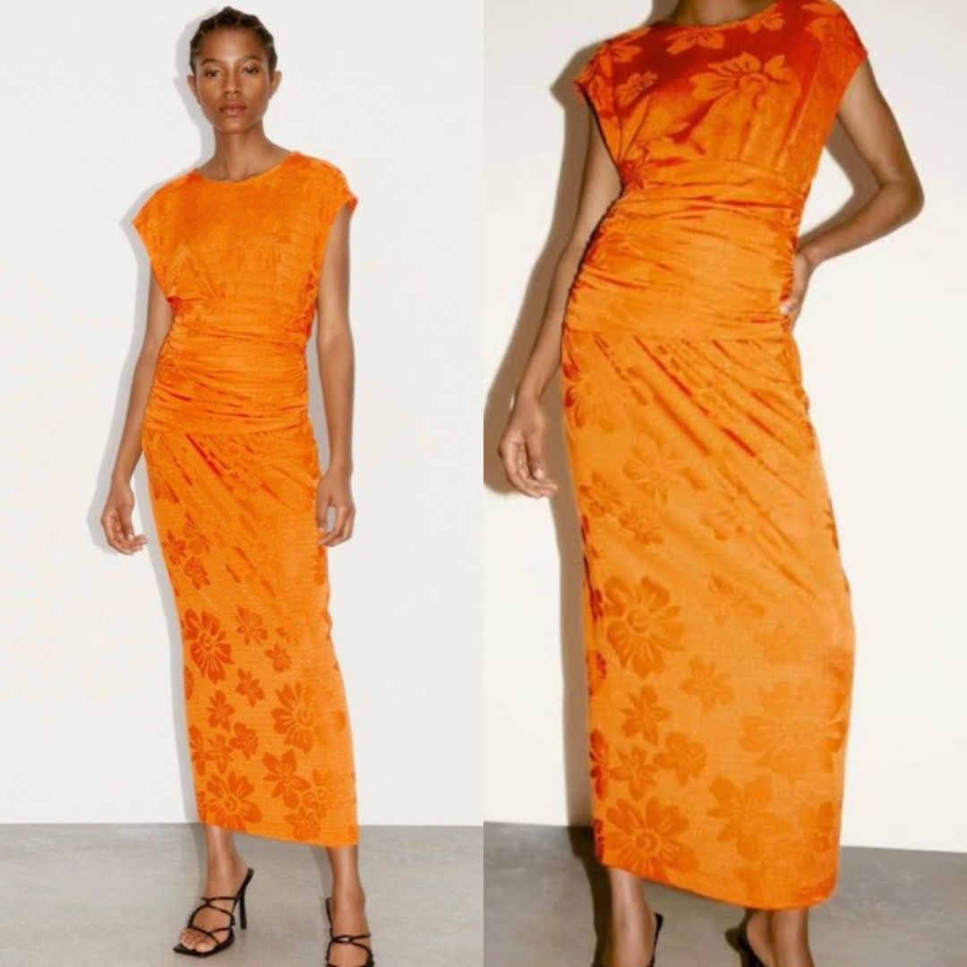 Zara Long Jacquard Orange Midi Dress Women s Fashion Dresses Sets Dresses on Carousell