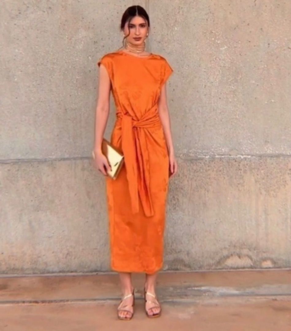 Zara Long Jacquard Orange Midi Dress, Women's Fashion, Dresses & Sets,  Dresses on Carousell