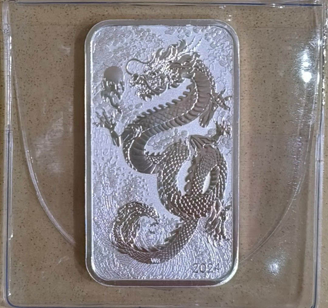 Dragon 2024 1oz Bullion Silver Bar from Perth Mint (Category: Currency) located in Singapore. Submitted by krultra (Listing ID 1317296276, Image 1). Description: Key features: 99.99% pure silver Bar-shaped coin Special ‘P125’ anniversary mintmark Australian legal tender Mintage250,000.