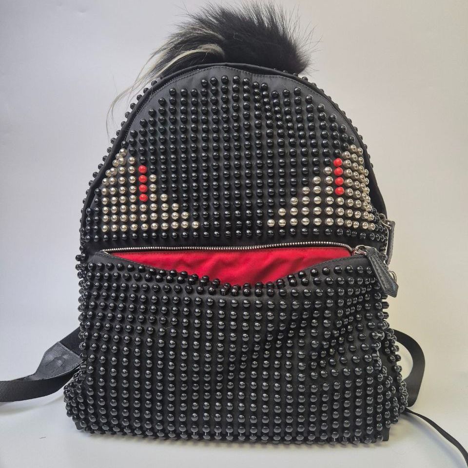 FENDI Black Fur trimmed Stud Monster Backpack