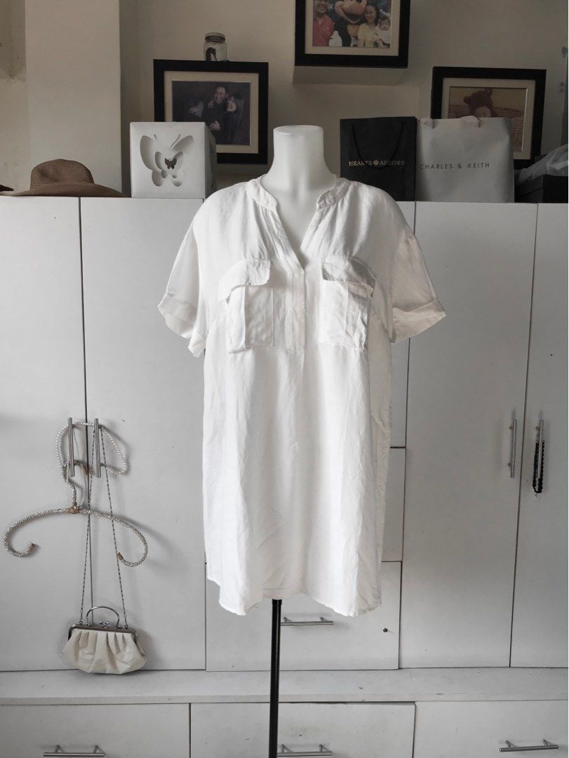 H M White Linen Blend Short Sleeve Shirt Dress Women s Fashion Dresses Sets Dresses on Carousell