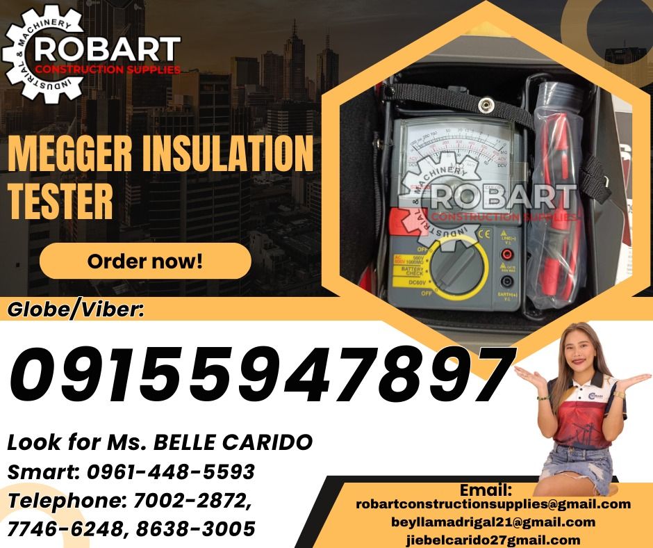 Megger Insulation Tester (Category: Construction Tools & Equipment) located in Manila. Submitted by bellarobart (Listing ID 1317266506, Image 1). Description: Megger Insulation Tester Brand: Sanwa 500V Model: DM509S 𝑹𝑶𝑩𝑨𝑹𝑻 𝑪𝑶𝑵𝑺𝑻𝑹𝑼𝑪𝑻𝑰𝑶𝑵 𝑺𝑼𝑷𝑷𝑳𝑰𝑬𝑺 Office Address: 1405 Yuseco St. Sta Cruz Manila SEND US MESSAGE FOR INQUIRIES ‼️ ‼️ Glb/Vibr: 0915-594-7897 Smrt: 0961-448-5593 Landline: (7746-6248 / 7002-2872) 𝓛𝓞𝓞𝓚 𝓕𝓞𝓡 �