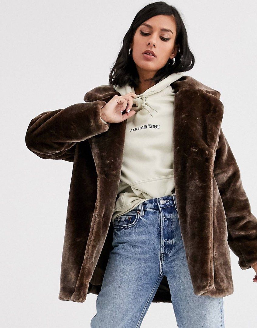 Monki faux fur jacket brown Women s Fashion Coats Jackets and Outerwear on Carousell