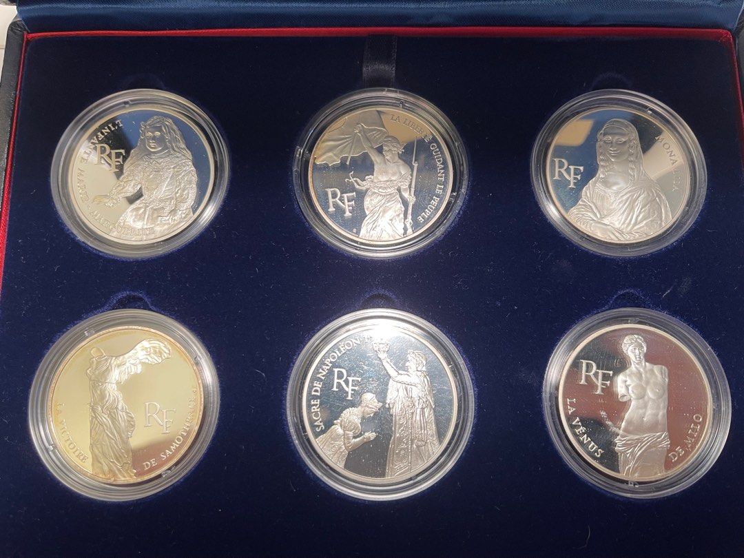 法國羅浮宮博物館二百週年紀念銀幣盒裝Monnaie de paris cased set of 6 x 100 francs 1993. silver  proof with cert 133 gm 巴黎造幣廠1993 年裝盒裝6 x