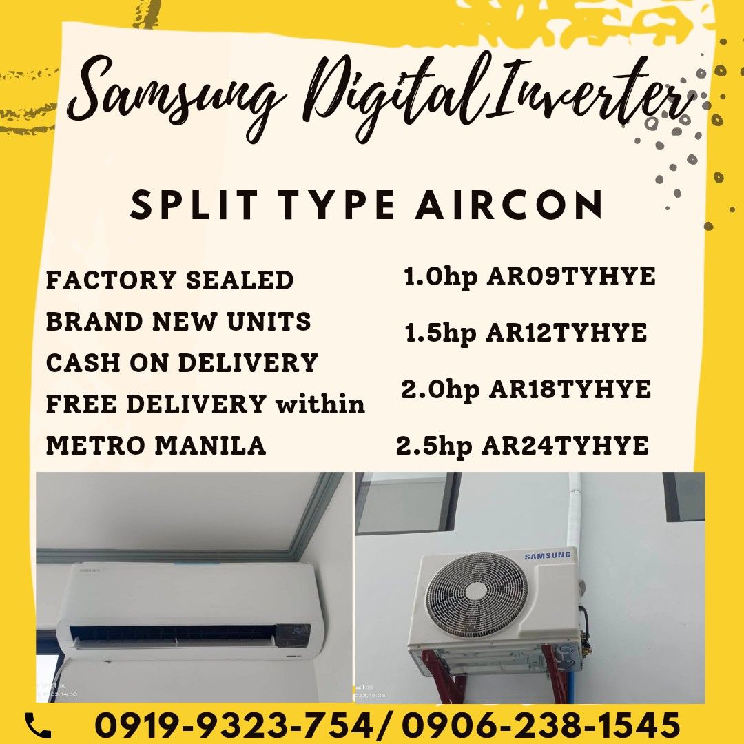 Samsung Digital Inverter Split Type Aircon FREE 10ft INSTALLATION (Category: Air Conditioning and Heating) located in Quezon City. Submitted by airconinstallationservices (Listing ID 1317314279, Image 1). Description: FREE 10FT INSTALLATION | FREE CIRCUIT BREAKER per UNIT Samsung Digital Inverter 1.0hp AR09TYHYE 1.5hp AR12TYHYE 2.0hp AR18TYHYE 2.5hp AR24TYHYE INCLUSION: -10ft copper tube -communication wire -basic metal bracket (L/floor Type) -ma
