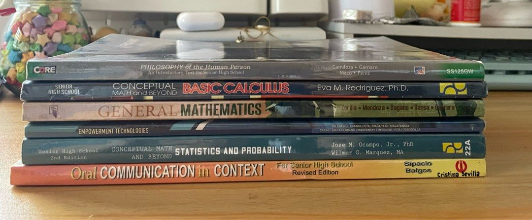 SHS BOOKS (Category: Textbooks) located in Obando. Submitted by janggyurist (Listing ID 1317227555, Image 1). Description: 🍰 ࿐ Preloved Grade 11 books for sale ! ♡ Conditions of the books ˚.༄ All in good condition ˚.༄ w/ plastic covers ˚.༄ some books have minor highlights ˚.༄ have minor writings (can be erased using an eraser) GRADE 11 BOOKS ⊹ Philosophy of the Human Person - ₱449 ⊹ General Mathematics - ₱119 ⊹ Basic Calculus - ₱249 ⊹ Empowermen
