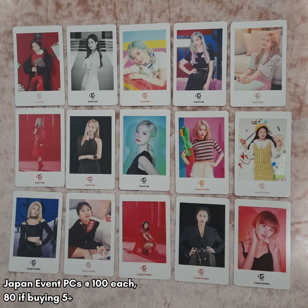 TWICE Japan Event Photocards PCs (Category: K-Wave Merchandise) located in Makati City. Submitted by chaechains (Listing ID 1317300971, Image 3). Description: TWICE Japan Event Photocards PCs 100 each, 80 each if buying at least 5 Available members: Nayeon, Jeongyeon Momo, Jihyo, Dahyun, Chaeyong, Tzuyu Check my page for other Twice merch you may be interested in :) 9/10 condition. please manage your expectations.