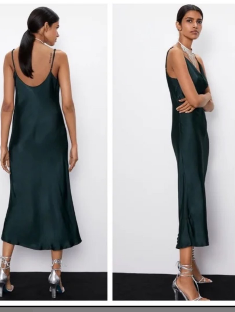 ZARA GREEN EVENING DRESS EMERAL GREEN SATIN DRESS ZARA LONG DRESS