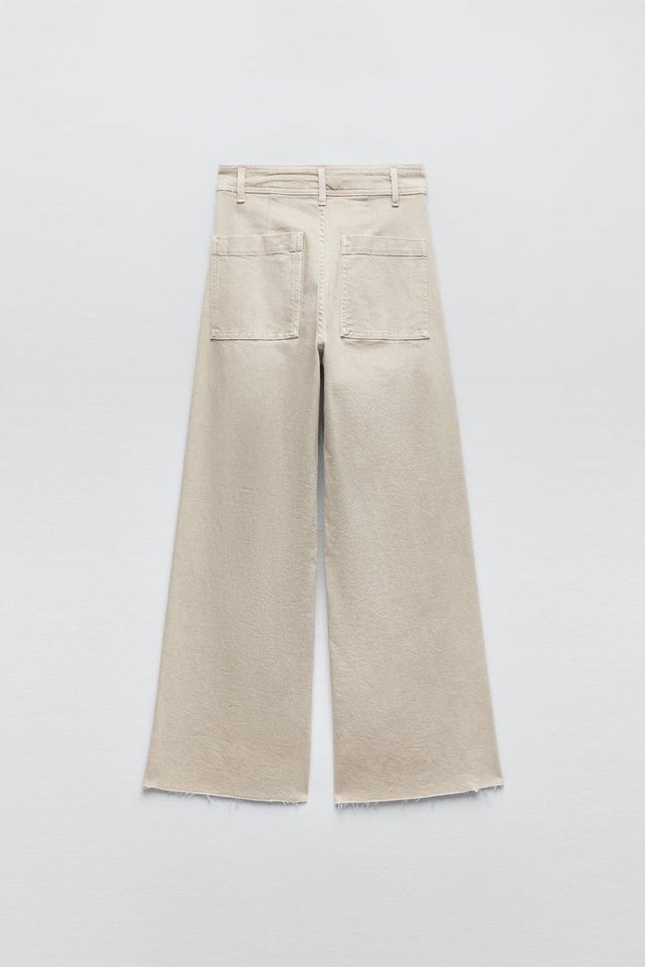 [ZARA] SS21 ZW The Marine Straight Jeans Wide-Leg High Rise Pants Trousers  Fringe Flare Slim Fit Pocket Stone Grey Beige Celana Panjang Kulot Denim 