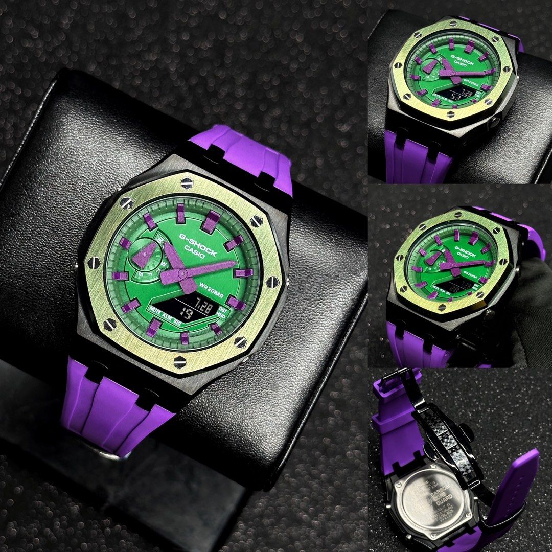 CasiOak GA 2100 in Joker theme 2 tone stainless steel bezel and purple rubber strap CasiOak G Shock