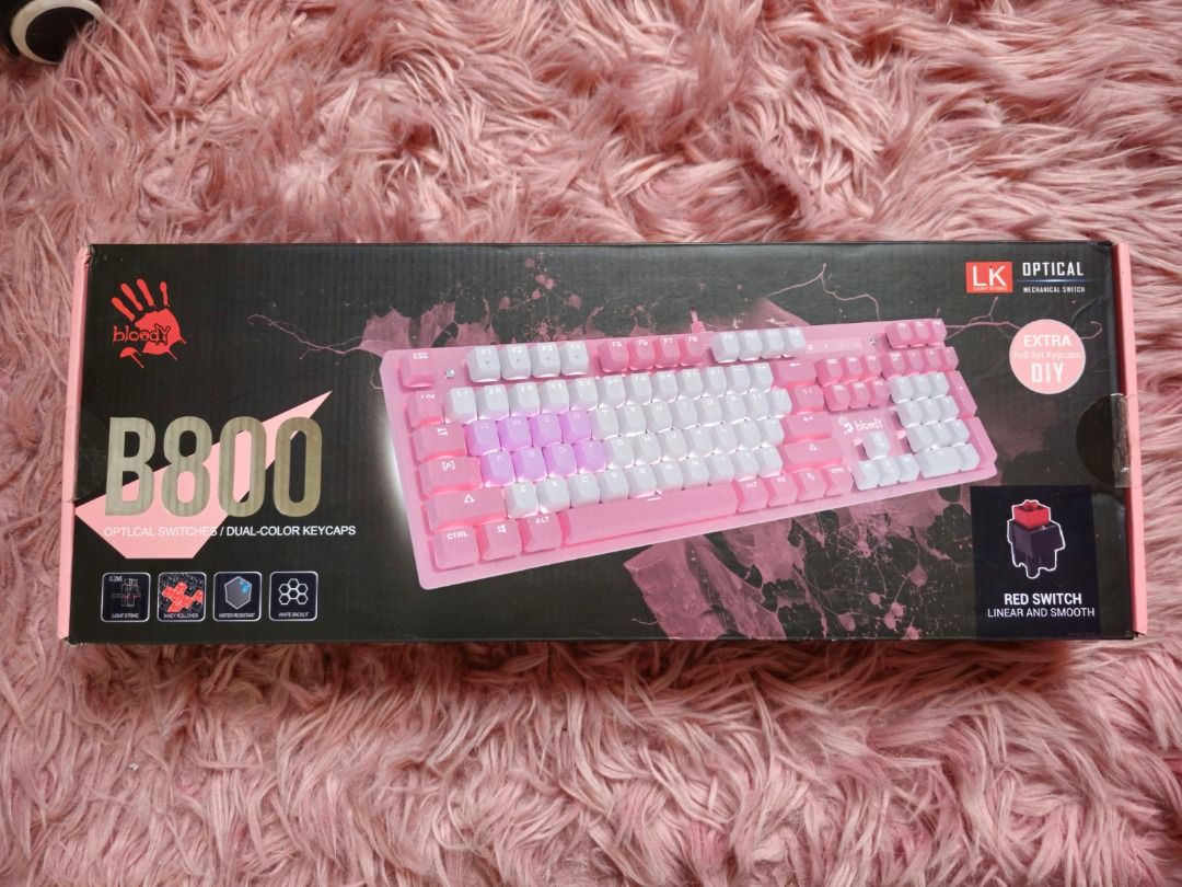 A4TECH Mechanical Keyboard (Pink) - B800 (Category: Computer Keyboard) located in Trece Martires City. Submitted by allthingsgreat2022 (Listing ID 1317526544, Image 1). Description: Full Specs: https://www.bloody.com/en/product.php?pid=11&id=268 Red switch (linear and smooth) Dual-color keycaps (pink and white) White backlit Inclusions: Extra full set keycaps Keycap puller User manual Used only twice (pwede sa maarte) RFS: I prefer a keyboard wit