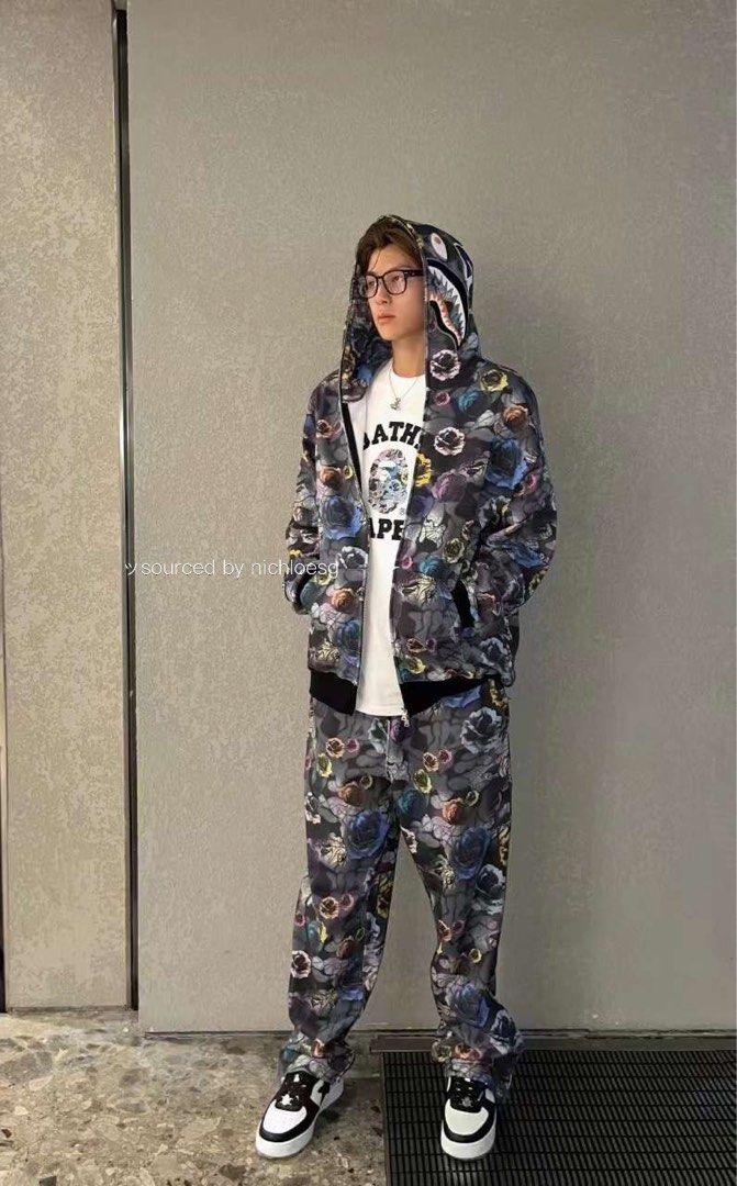 BAPE FLORAL CAMO SHARK RELAXED FIT FULL ZIP HOODIE, Men's Fashion