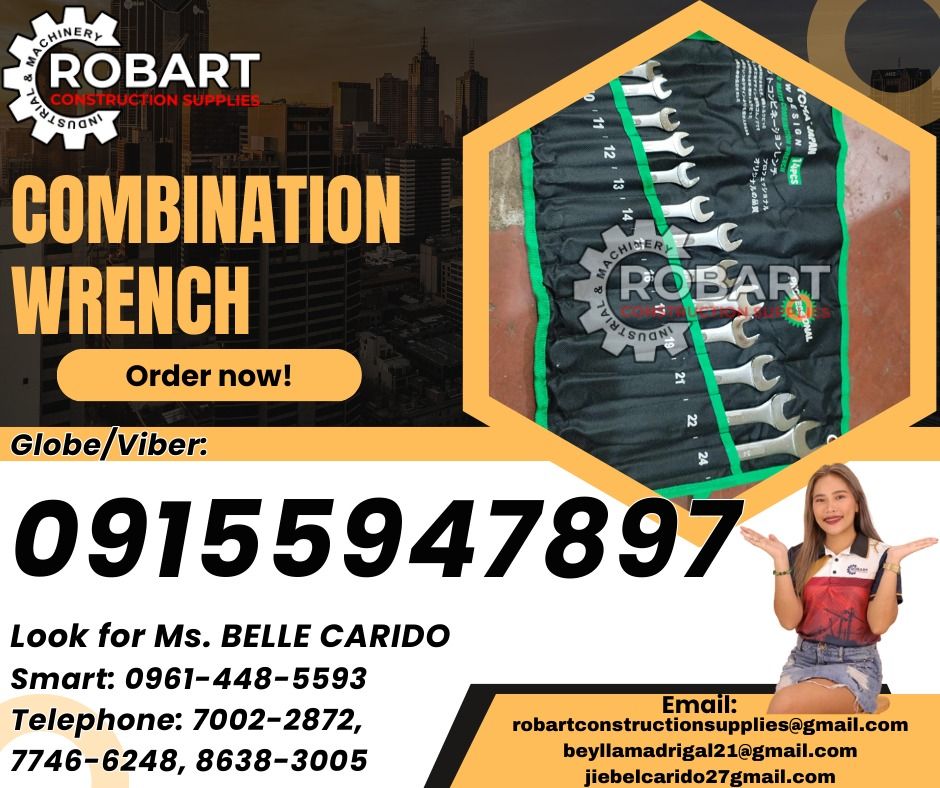 Combination Wrench (Category: Construction Tools & Equipment) located in Manila. Submitted by bellarobart (Listing ID 1317390121, Image 1). Description: Combination Wrench Brand: Hoyoma Size: 8mm- 24mm 𝑹𝑶𝑩𝑨𝑹𝑻 𝑪𝑶𝑵𝑺𝑻𝑹𝑼𝑪𝑻𝑰𝑶𝑵 𝑺𝑼𝑷𝑷𝑳𝑰𝑬𝑺 Office Address: 1405 Yuseco St. Sta Cruz Manila SEND US MESSAGE FOR INQUIRIES ‼️ ‼️ Glb/Vibr: 0915-594-7897 Smrt: 0961-448-5593 Landline: (7746-6248 / 7002-2872) 𝓛𝓞𝓞𝓚 𝓕𝓞𝓡 𝓑𝓔𝓛𝓛𝓔 🔵 1