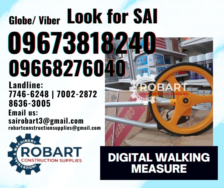 Digital Walking Measure (Category: Construction Tools & Equipment) located in Manila. Submitted by robartehm (Listing ID 1317382449, Image 1). Description: Digital Walking Measure with Digits 5 meter 10km Capacity 12" Wheel TMW12M ROBART CONSTRUCTION SUPPLIES For inquiries: For FAST TRANSACTION: Sai Robart - 09673818240 / 09662708706 Vbr: Robart Sai - 09673818240 sairobart3@gmail. com Office Address: 1405 Yuseco St. Sta. Cruz Manila 7746-6248, 72