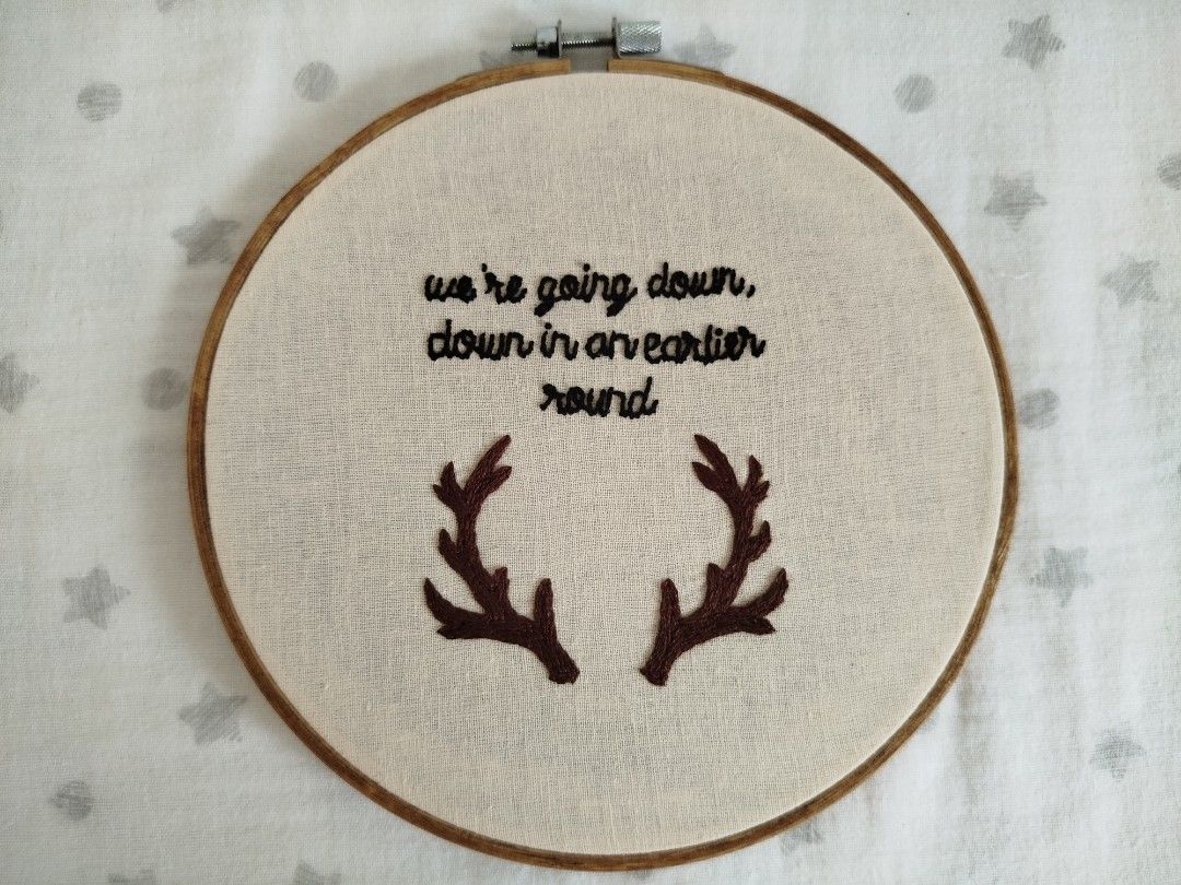 Embroidery Hoop Decor (Song Lyrics) (Category: Other Home Decor) located in Los Banos. Submitted by stitchwitch.ph (Listing ID 1317428365, Image 1). Description: Embroidered by hand Hoop diameter is 18 cm Decor can be hung on the wall or mounted on a stand Additional PHP 20.00 for a small wooden easel Shipping fee (depending on location) via J&T Express is shouldered by the buyer.