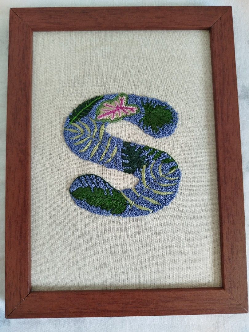 Framed Embroidery (Letter S with Leaves) (Category: Other Home Decor) located in Los Banos. Submitted by stitchwitch.ph (Listing ID 1317427725, Image 1). Description: Embroidered by hand Frame size is 20cm x 15 cm Item is discounted due to a slight stain on the upper part (see last photo) Shipping fee (depending on location) via J&T Express is shouldered by the buyer.